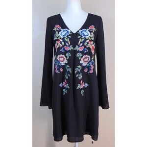 Sugar & Lips Black Embroidered Bell Sleeve Dress Womens Small BOHO Floral Knee S